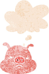 cartoon angry pig face with thought bubble in grunge distressed retro textured style