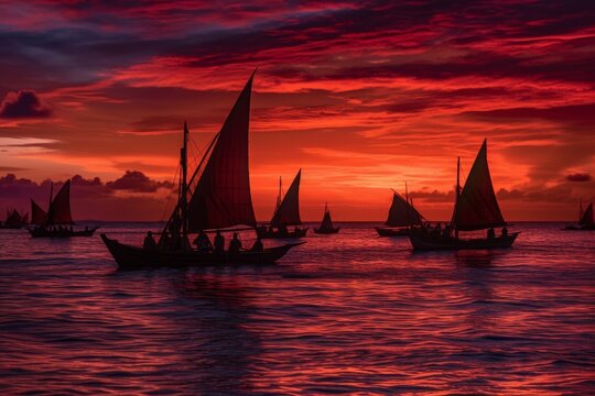 Traditional outrigger canoes gliding across glassy azure waters under a crimson and violet sunset, with sailing crews at the ready to drop nets or lines. Generative AI
