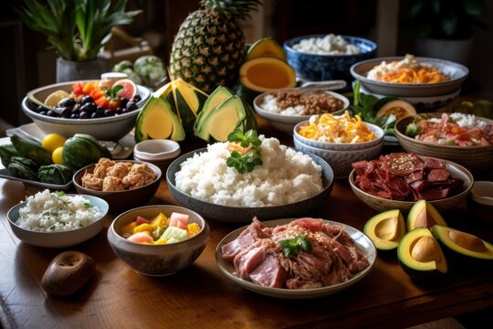 Traditional Luau feast spread with kalua pork, laau pakoko fish, loihi rice, maopopo poke bowls, haupia coconut sago pudding and fresh tropical fruit salad.Generative AI