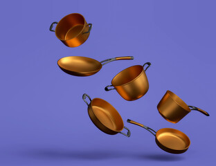 Set of flying stewpot, frying pan and chrome plated cookware on blue background