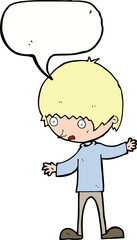 cartoon boy with outstretched arms with speech bubble
