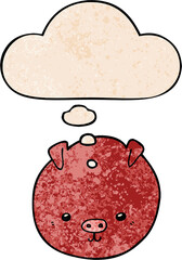 cartoon pig with thought bubble in grunge texture style