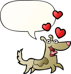 cartoon dog with love hearts with speech bubble in smooth gradient style