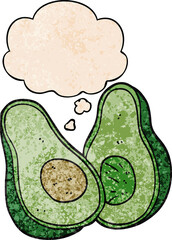cartoon avocado with thought bubble in grunge texture style