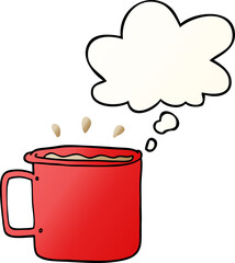 cartoon camping cup of coffee with thought bubble in smooth gradient style