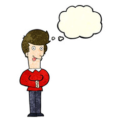 cartoon man sticking out tongue with thought bubble