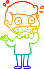 rainbow gradient line drawing of a cartoon man with mustache shocked