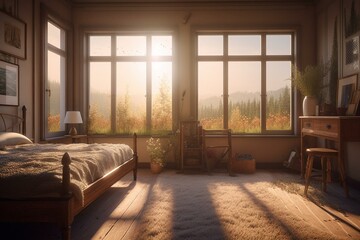 3D illustration of a room with a beautiful meadow depicted, created through 3D rendering. Generative AI