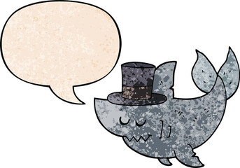 cartoon shark wearing top hat with speech bubble in retro texture style