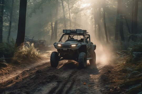 An ATV with strong capabilities traverses through the forest. Generative AI