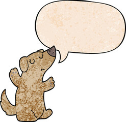 cartoon dog with speech bubble in retro texture style