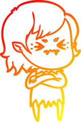 warm gradient line drawing of a annoyed cartoon vampire girl