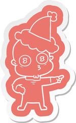 quirky cartoon  sticker of a weird bald spaceman wearing santa hat