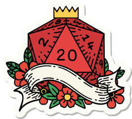 sticker of a natural twenty D20 dice roll