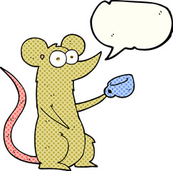 freehand drawn comic book speech bubble cartoon mouse with coffee cup