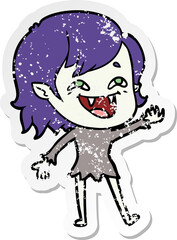 distressed sticker of a cartoon laughing vampire girl