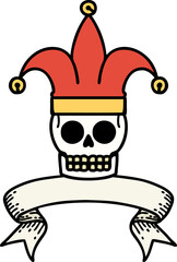traditional tattoo with banner of a skull jester