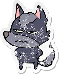 distressed sticker of a cartoon annoyed wolf