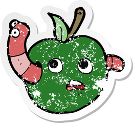 retro distressed sticker of a cartooon worm in apple