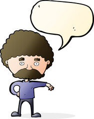 cartoon man with mustache making camp gesture with speech bubble