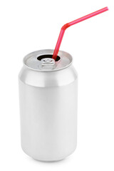 Open 330 ml aluminum soda can with red straw isolated on transparent background
