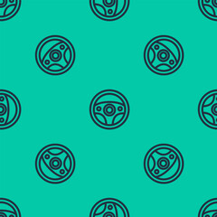 Blue line Steering wheel icon isolated seamless pattern on green background. Car wheel icon. Vector