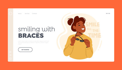Smiling with Braces Landing Page Template. Happy Woman Character With Braces Has Bright Smile Radiating Joy