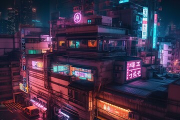 Night cyberpunk city with pink and yellow neon lights and innovative architecture. Generative AI