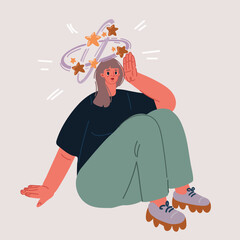 Vector illustration of Iron deficiency anemia. Sad woman with dizziness sitting on floor. Unhappy girl suffers from vertigo and headache and needs medical help. Low hemoglobin.