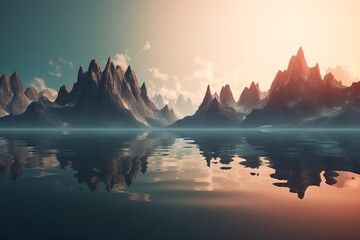 Fototapeta na wymiar 3d render, fantasy landscape panorama with mountains reflecting in the water. Abstract background. Spiritual wallpaper with the skyline. Generated with AI