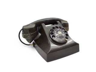 Old fashioned desk phone, side view isolated PNG transparent