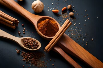 Spices on a wooden table generative ai
