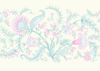 Fantasy flowers in retro, vintage, jacobean embroidery style. Seamless pattern, background. Vector illustration. © Elen  Lane