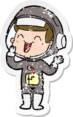 distressed sticker of a happy cartoon astronaut