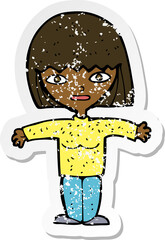 retro distressed sticker of a cartoon woman with open arms