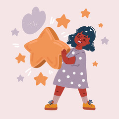 Vector illustration of black cute girl holding star
