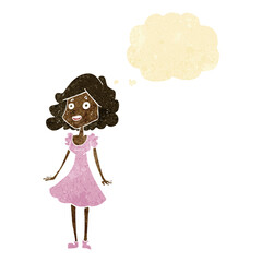 cartoon happy woman in dress with thought bubble