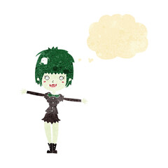 cartoon happy vampire girl with thought bubble
