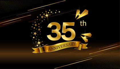 35th anniversary logo with golden ring, confetti and Gold ribbon isolated on elegant black background, sparkle, vector design for greeting card and invitation card