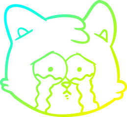 cold gradient line drawing of a crying cartoon cat face