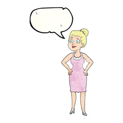 freehand speech bubble textured cartoon woman wearing dress