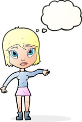 cartoon woman waving hand with thought bubble