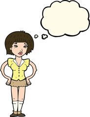 cartoon woman with hands on hips with thought bubble