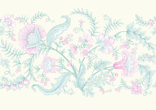 Fantasy flowers in retro, vintage, jacobean embroidery style. Seamless pattern, background. Vector illustration.