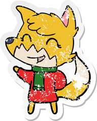 distressed sticker of a happy cartoon fox