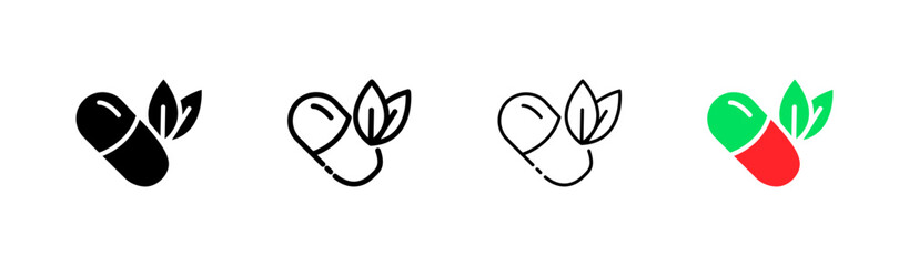 Medicines. Different styles, colored, natural medicines. Vector icons
