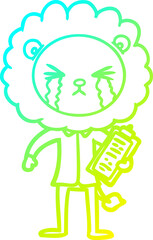 cold gradient line drawing of a cartoon crying lion with clipboard