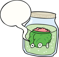 cartoon spooky brain floating in jar with speech bubble