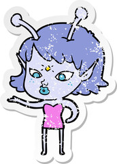 distressed sticker of a pretty cartoon alien girl