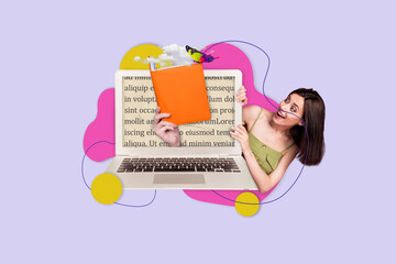 Image artwork template 3d poster collage of positive happy girl peek out big netbook monitor looking human hand hold notebook - Powered by Adobe